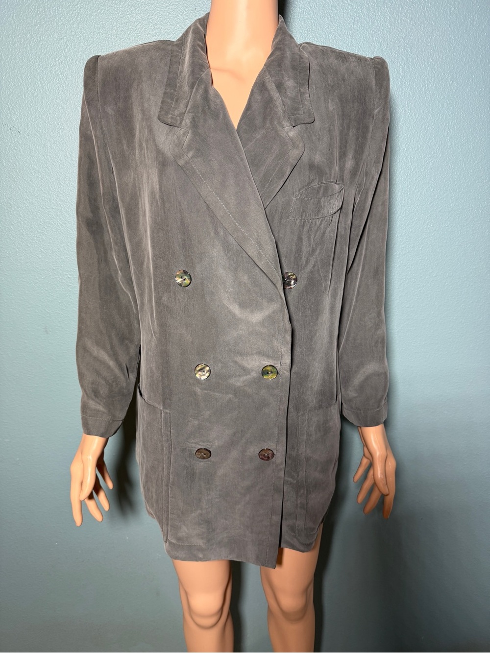 VINTAGE Women's Double-Breasted Oversized Gray Silk Blazer Coat